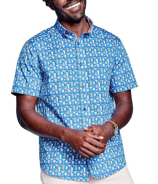 Printed Cotton Short-Sleeve Shirt- Blue Cocktail