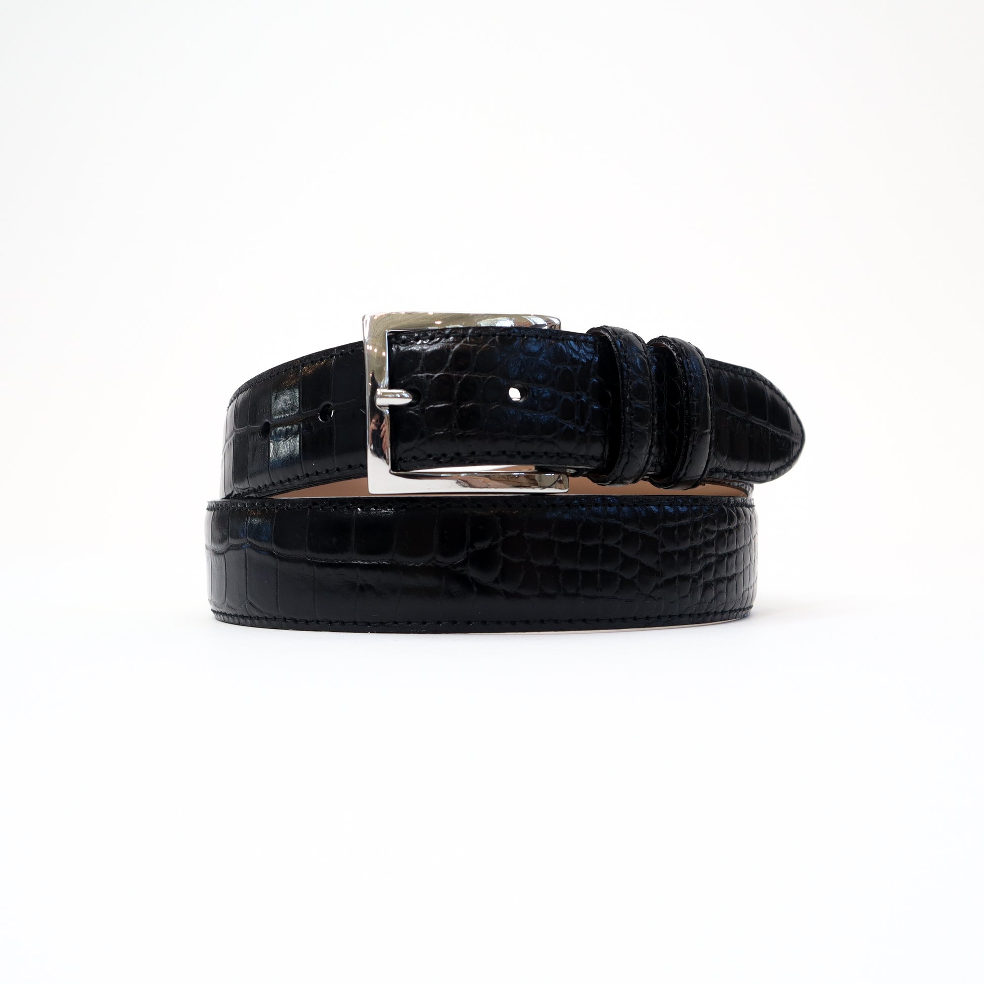 A handmade Italian black croc-embossed leather belt with a silver-tone stretchable Magic Flex buckle