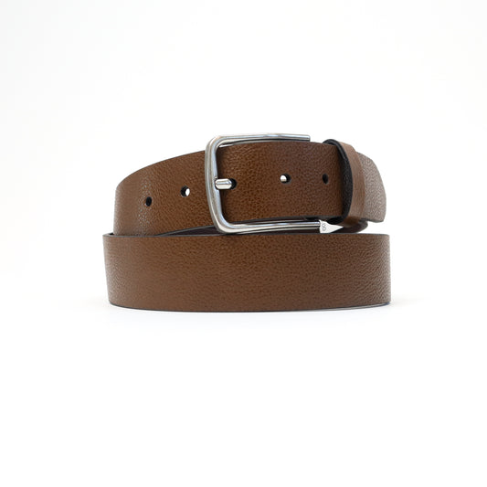 A handmade Italian tan leather belt featuring a silver-tone buckle, elegantly rolled for display.