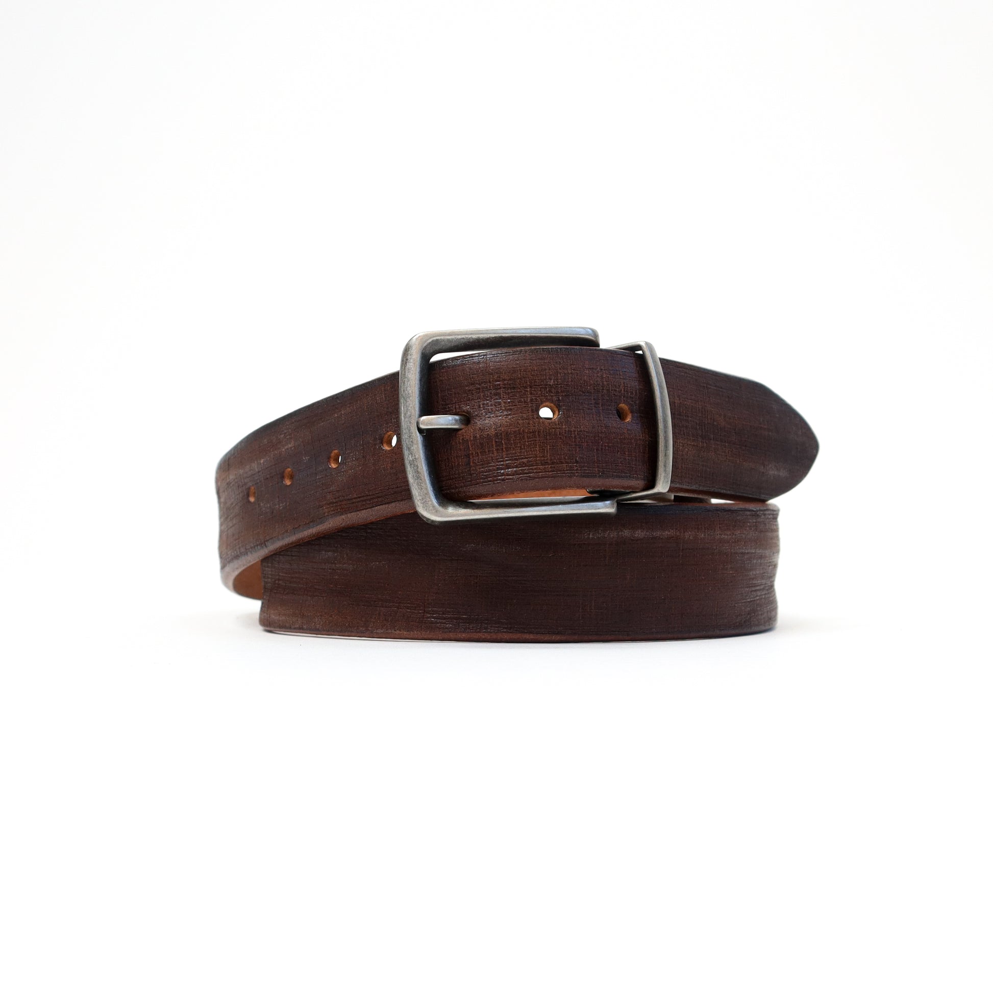 A rich dark brown Italian leather Magic Flex belt with a silver-tone stretchable buckle