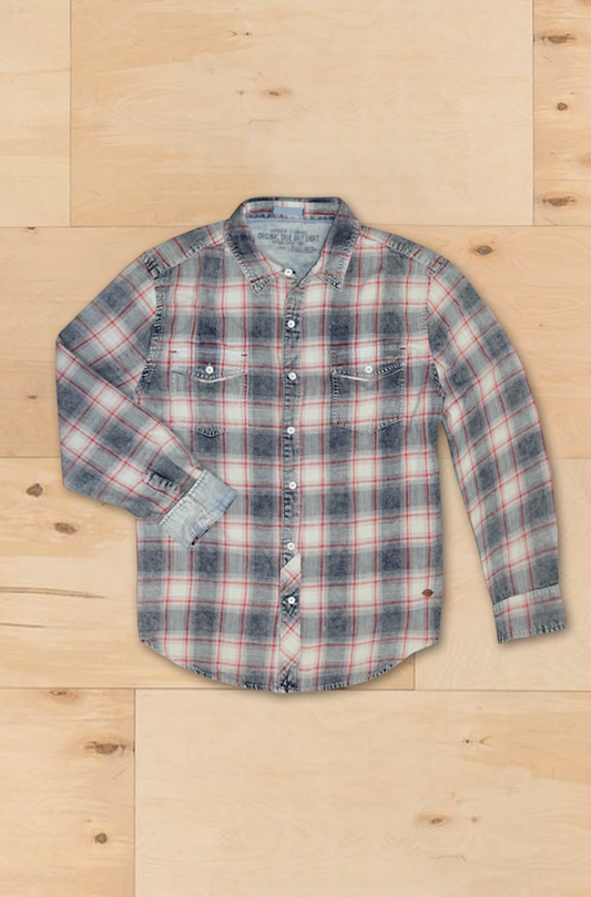 Daybreak Legend Long Sleeve 2-Pocket Shirt in faded blue and red plaid with button-down front and chest pockets