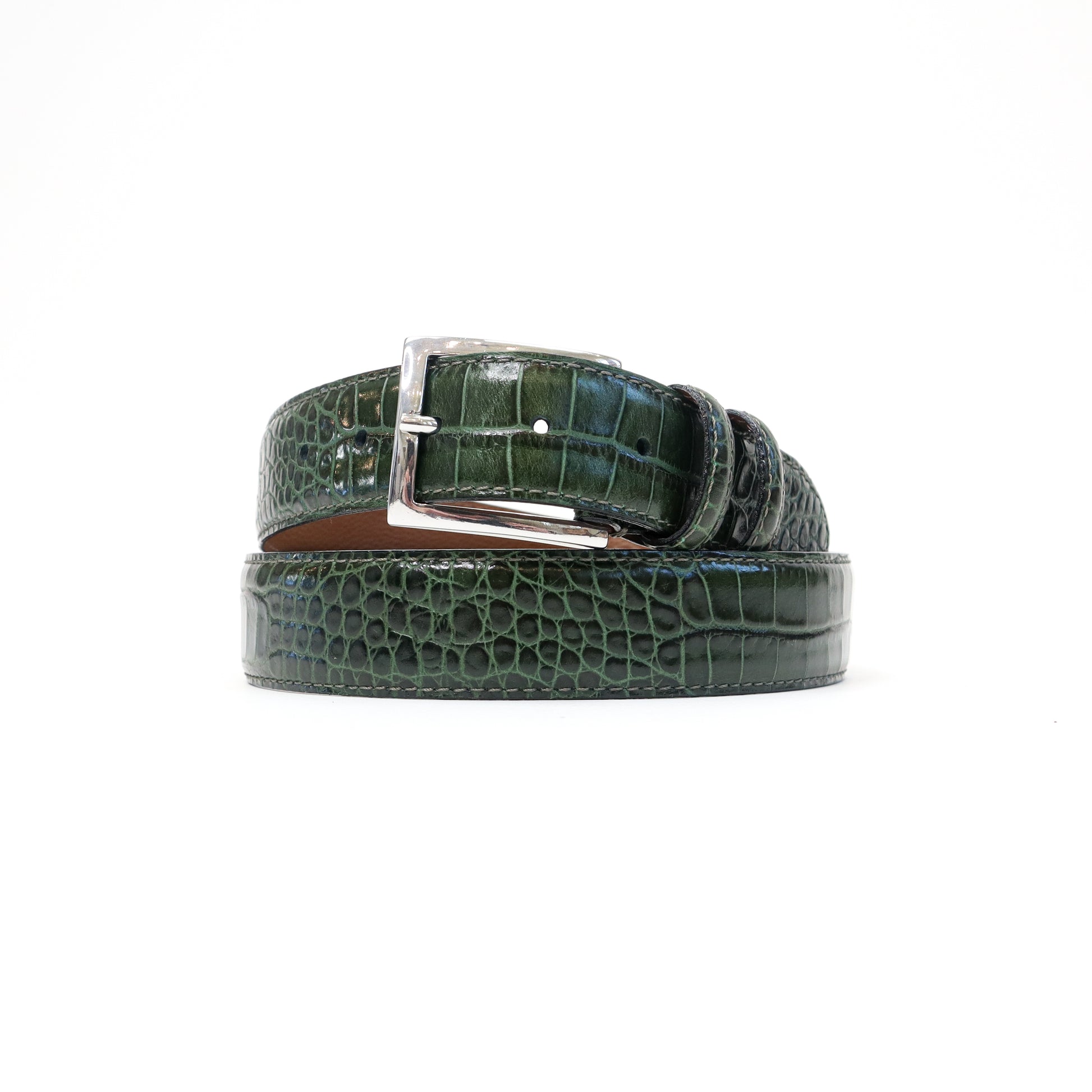 A deep green forest croc-embossed leather belt with a silver-tone stretchable Magic Flex buckle