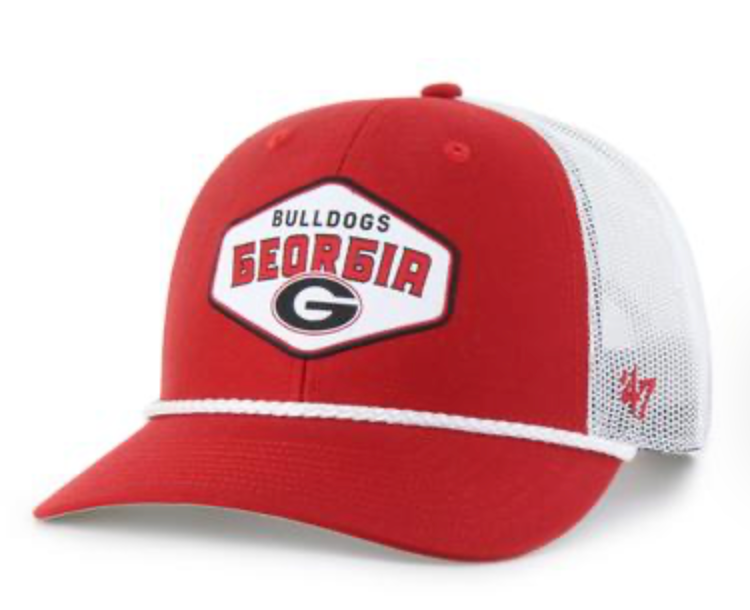 Georgia Bulldogs Red Ace Out Rope ‘47 Trucker Hat featuring red cotton front, white mesh back, embroidered Bulldogs logo patch, and white rope detail.