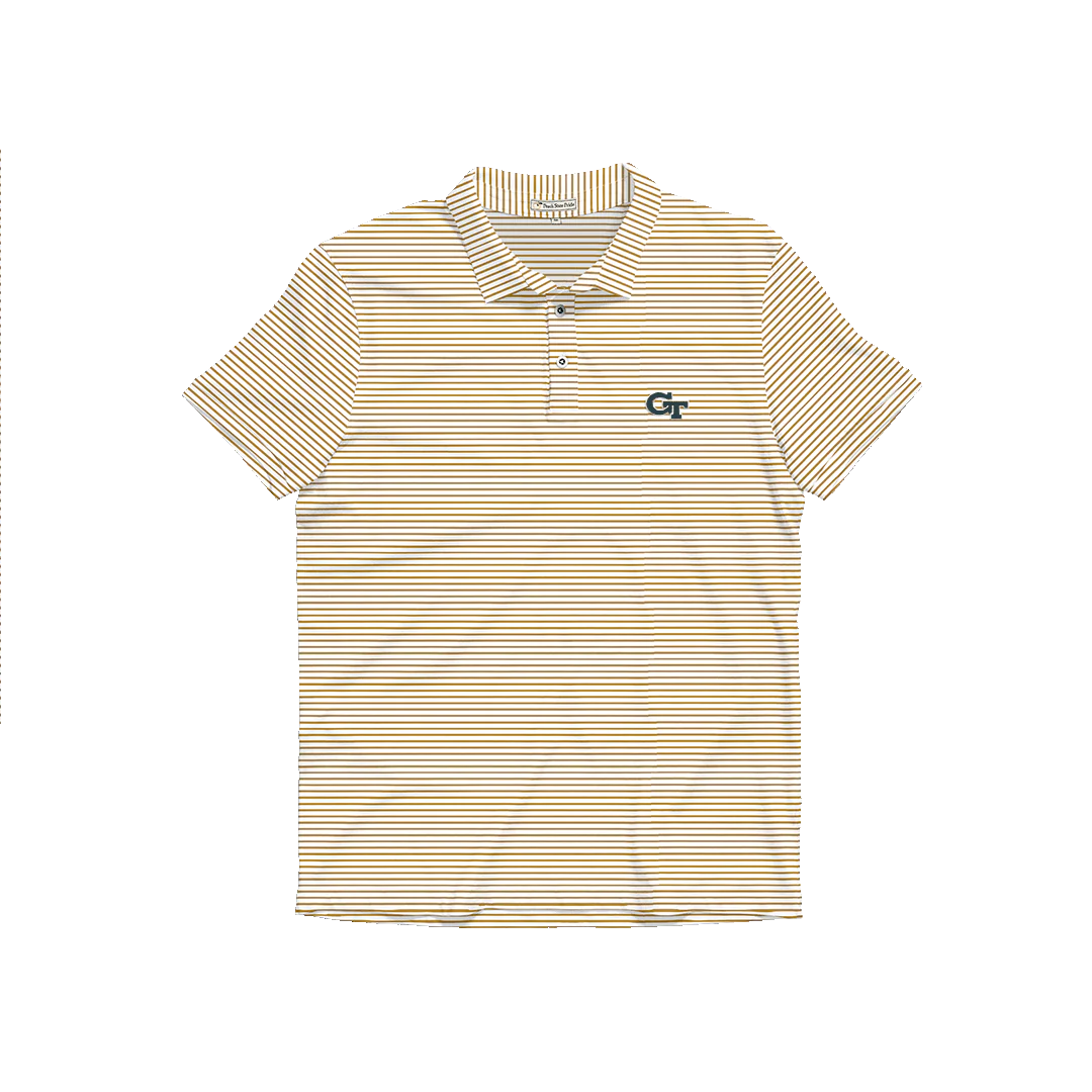 Georgia Tech old gold and white heathered azalea stripe performance polo