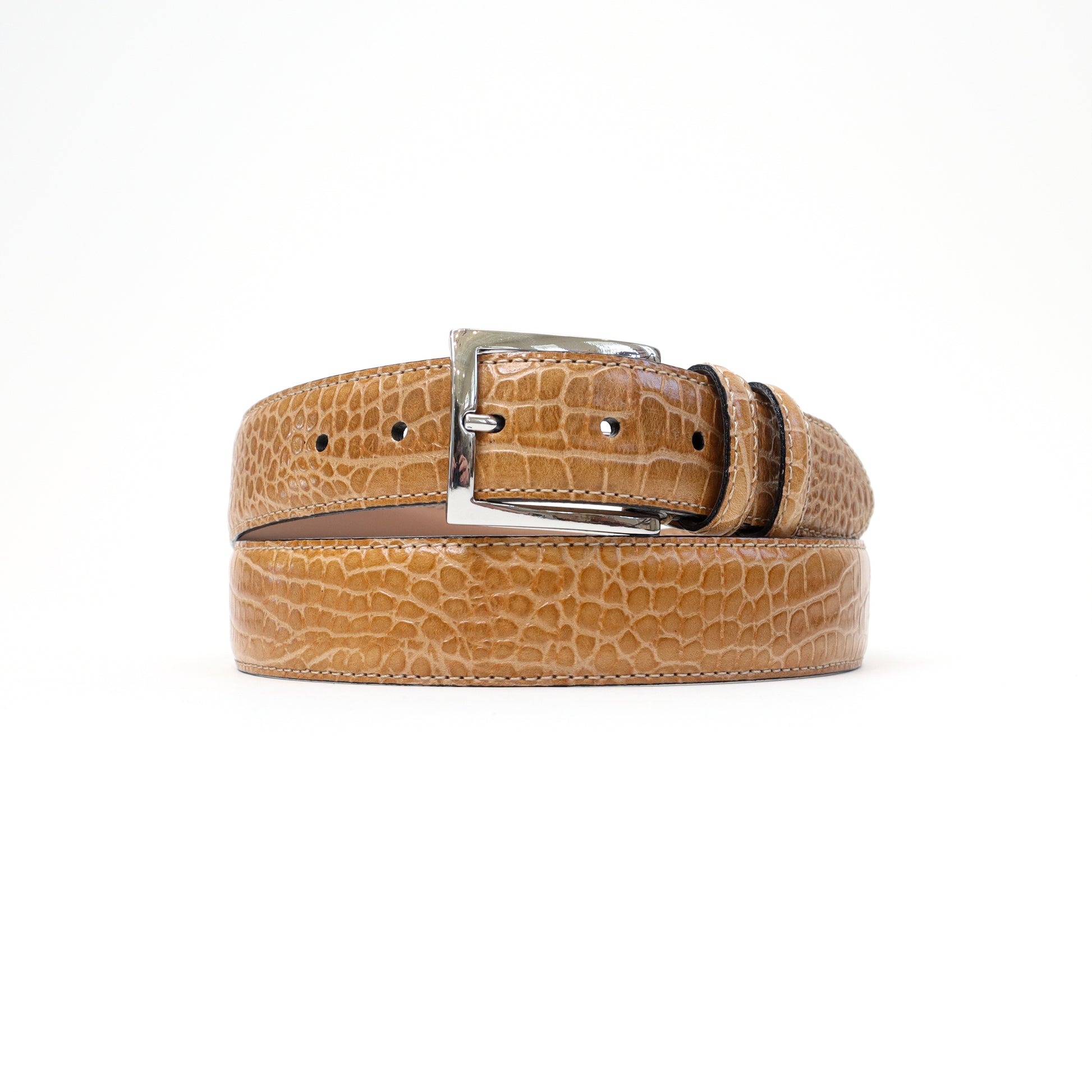 A natural beige croc-embossed leather belt with a silver-tone stretchable Magic Flex buckle