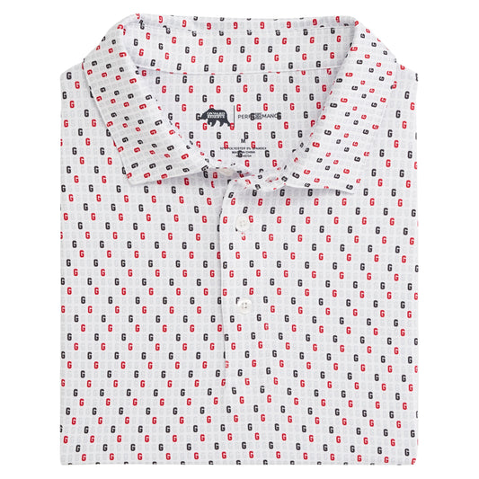 White performance polo with "G"s printed in a geometric pattern. Perfect for UGA Bulldog fans