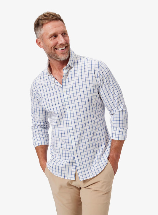 White Navy Windowpane Leeward No Tuck LS Dress Shirt