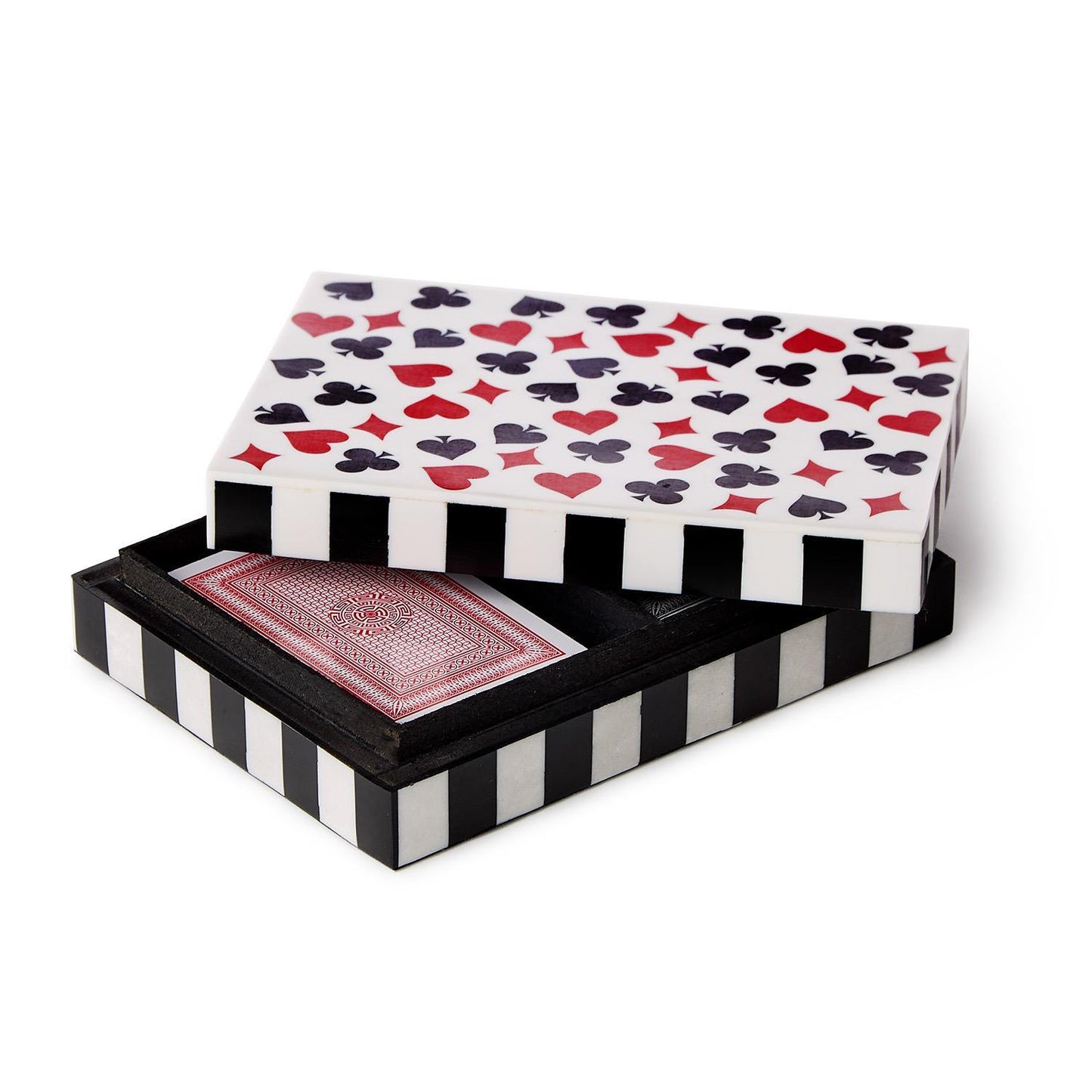 Playing cards with a decorative box featuring heart, club, diamond, and spade symbols.