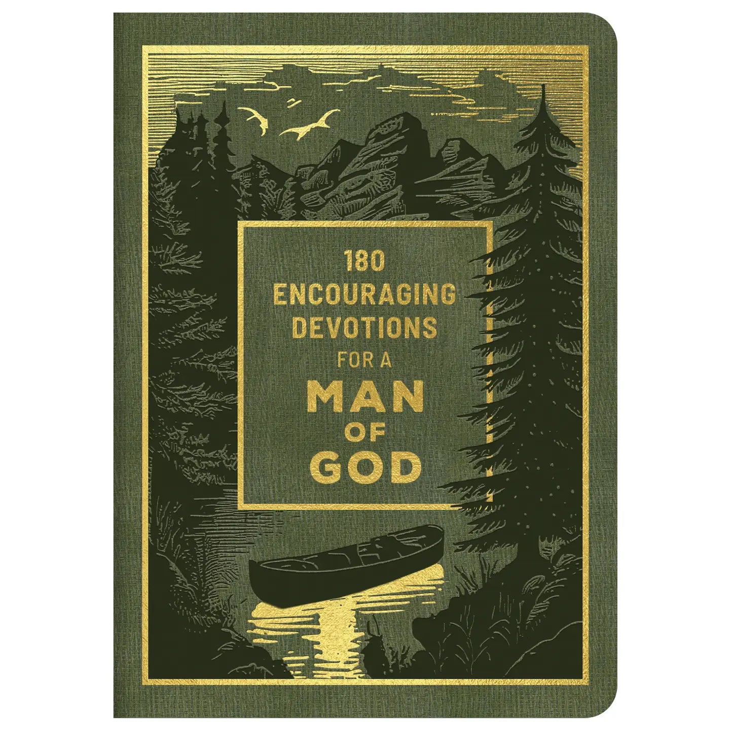 Book cover with nature design and text '180 Encouraging Devotions for a Man of God' on a green background