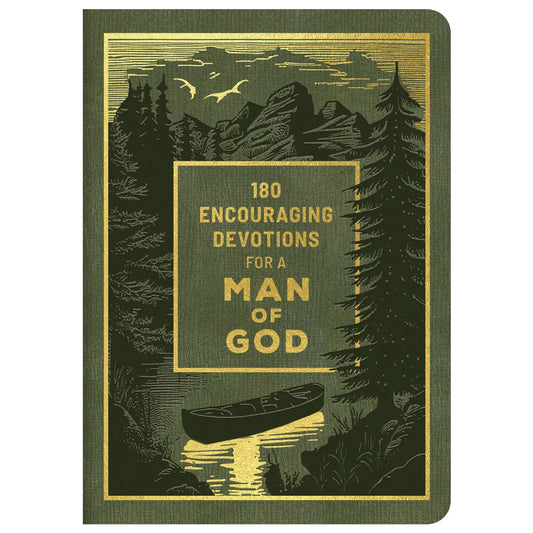 Book cover with nature design and text '180 Encouraging Devotions for a Man of God' on a green background