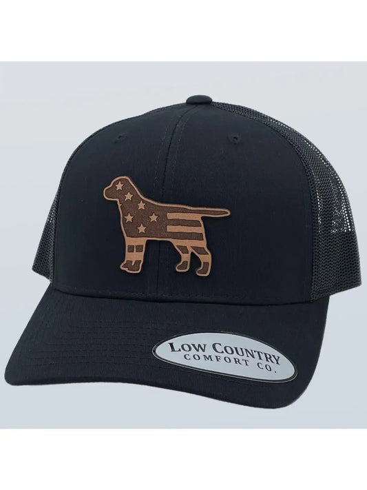 USA Flag Lab Patch Leather Black Hat