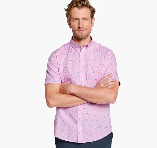 Printed Cotton Short-Sleeve Shirt- Pink Flamingo