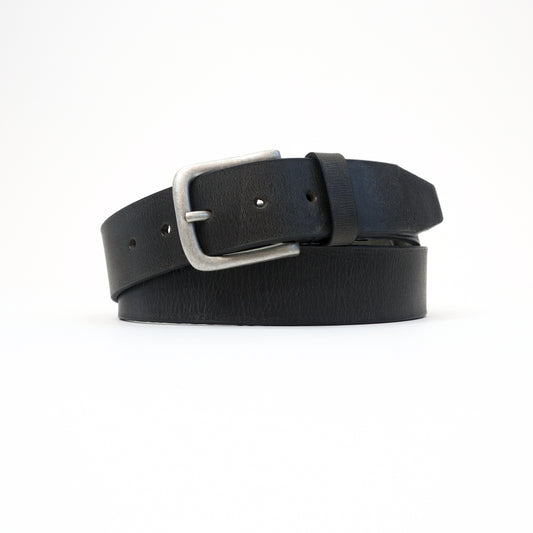 A handmade Italian black leather belt with a silver-tone buckle, neatly rolled for a sophisticated display.
