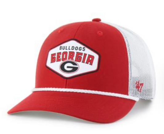 Georgia Bulldogs Red Ace Out Rope ‘47 Trucker Hat featuring red cotton front, white mesh back, embroidered Bulldogs logo patch, and white rope detail.