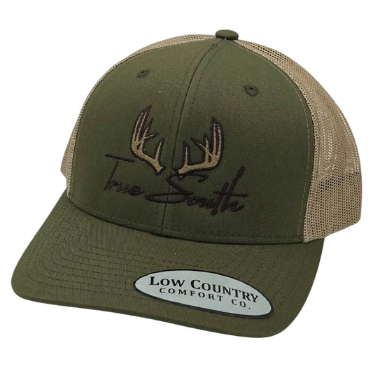Introducing the True South Antlers Moss/Khaki, a unique men's trucker hat from Riverbed Threads. 