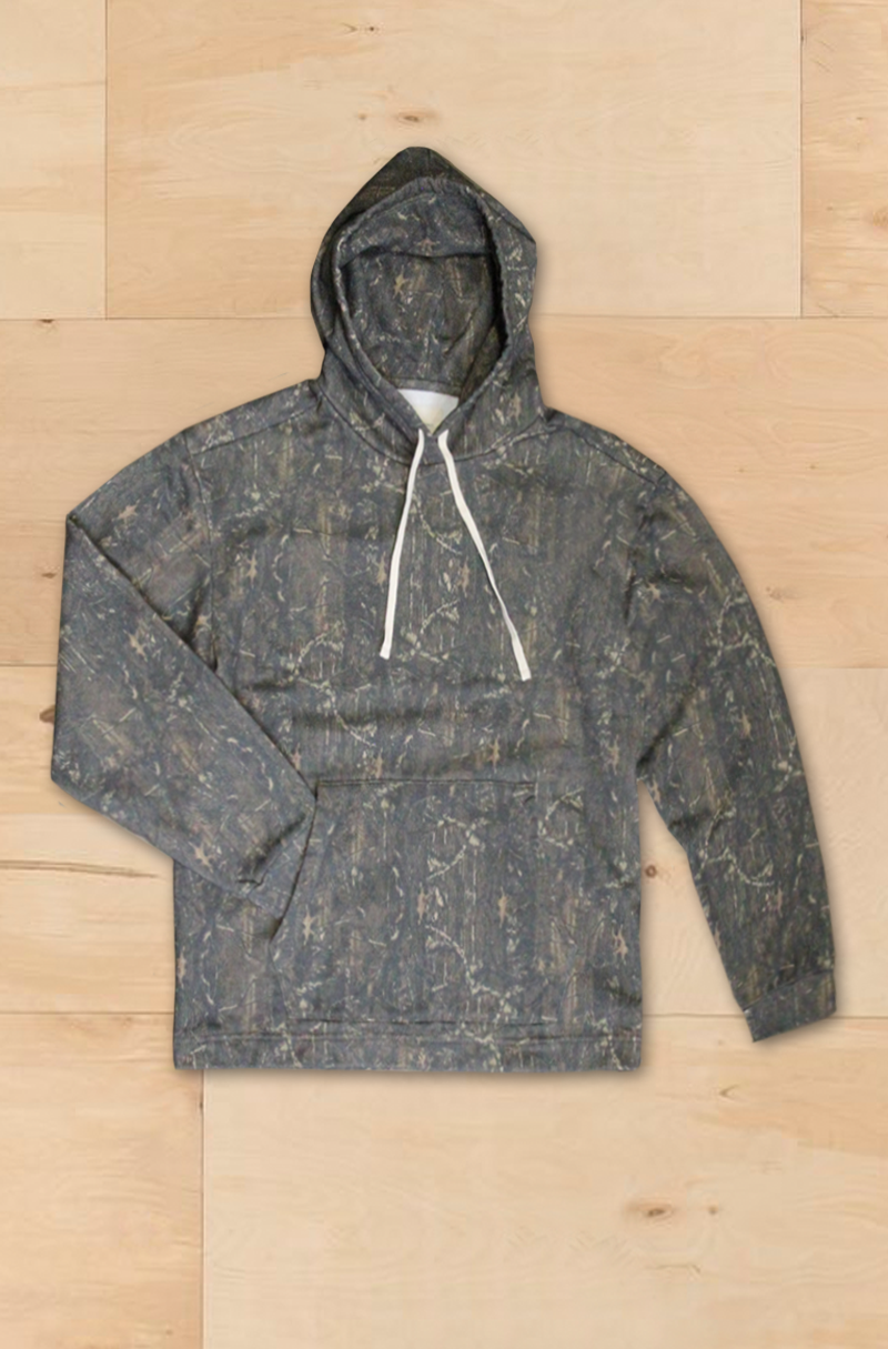 Men’s camo grey terry hoodie with white drawstrings, kangaroo pocket, and modern relaxed fit
