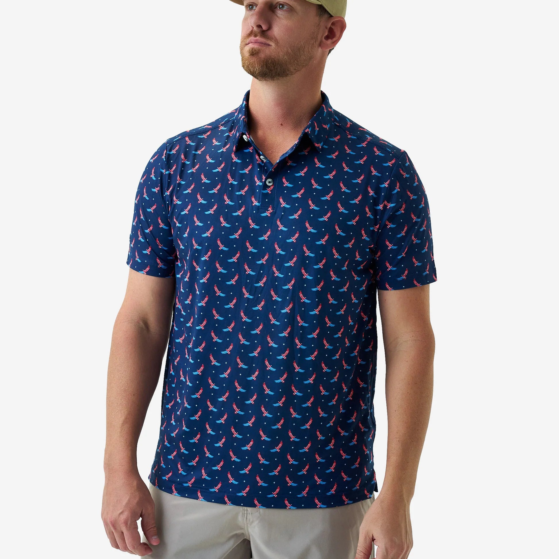 red, white and blue flying eagles on navy polo shirt