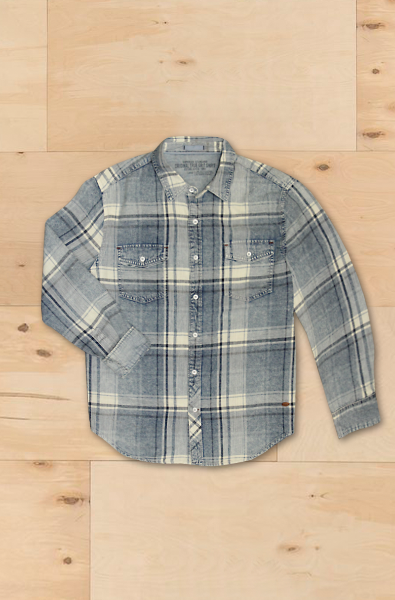 “Men’s blue plaid long sleeve button-down shirt with two chest pockets and washed flannel texture laid flat on wood background.”