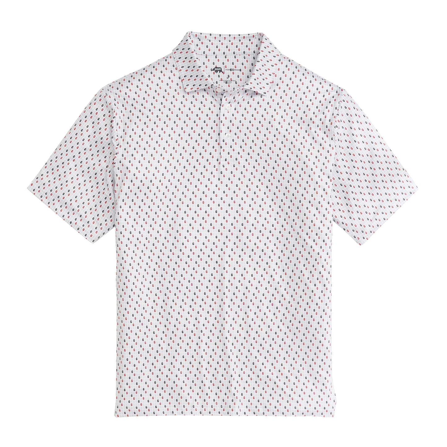 A white polo shirt with a geometric pattern consisting of blue and red elements.