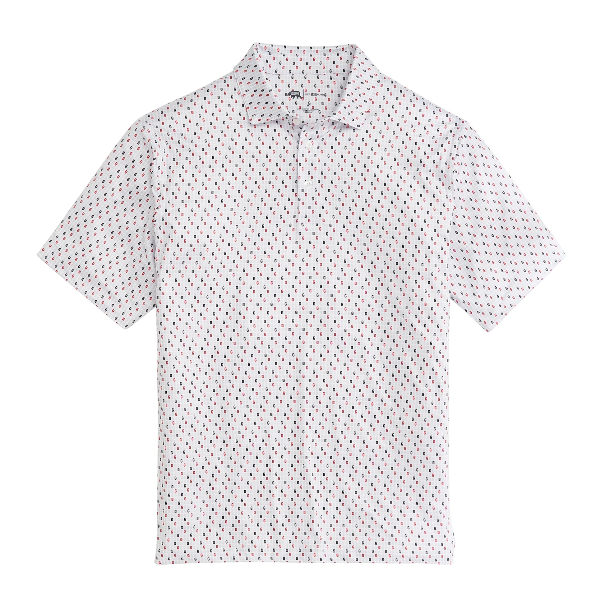A white polo shirt with a geometric pattern consisting of blue and red elements.