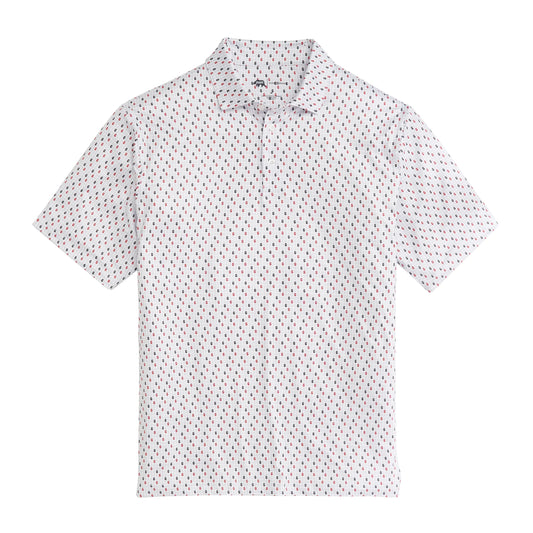 A white polo shirt with a geometric pattern consisting of blue and red elements.