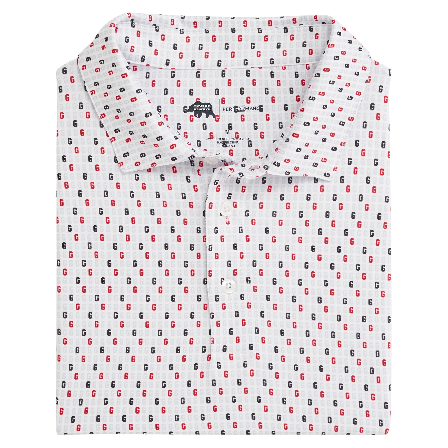 White performance polo with "G"s printed in a geometric pattern. Perfect for UGA Bulldog fans