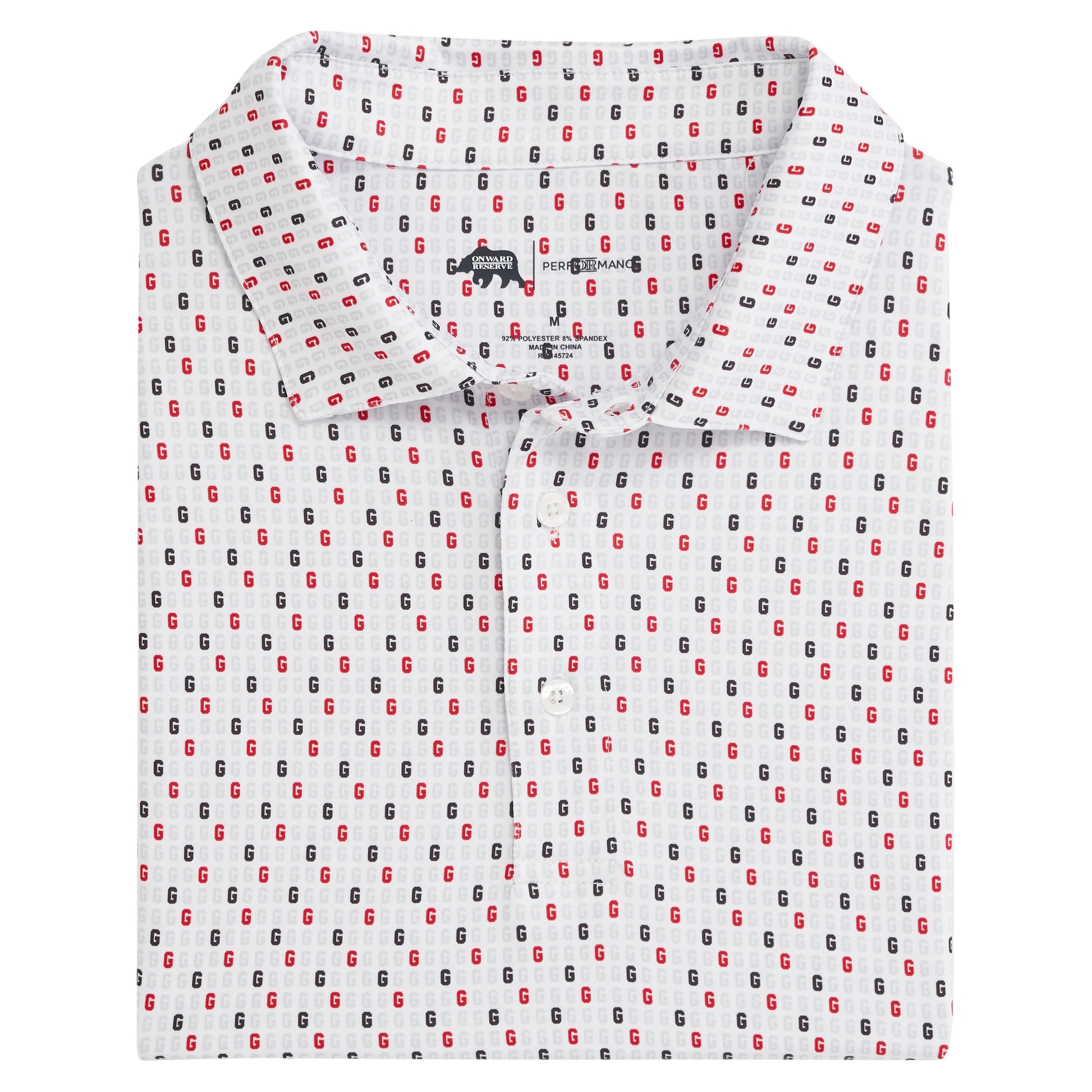 White performance polo with "G"s printed in a geometric pattern. Perfect for UGA Bulldog fans