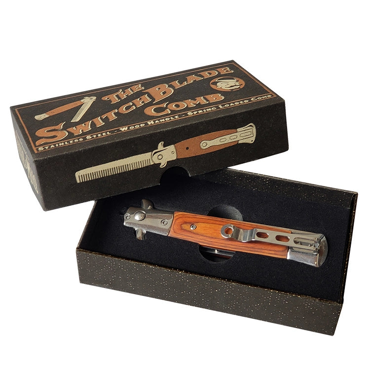A vintage-inspired grooming comb where novelty-meets-function. Spring-action release and rosewood handle make it a standout gift for him.