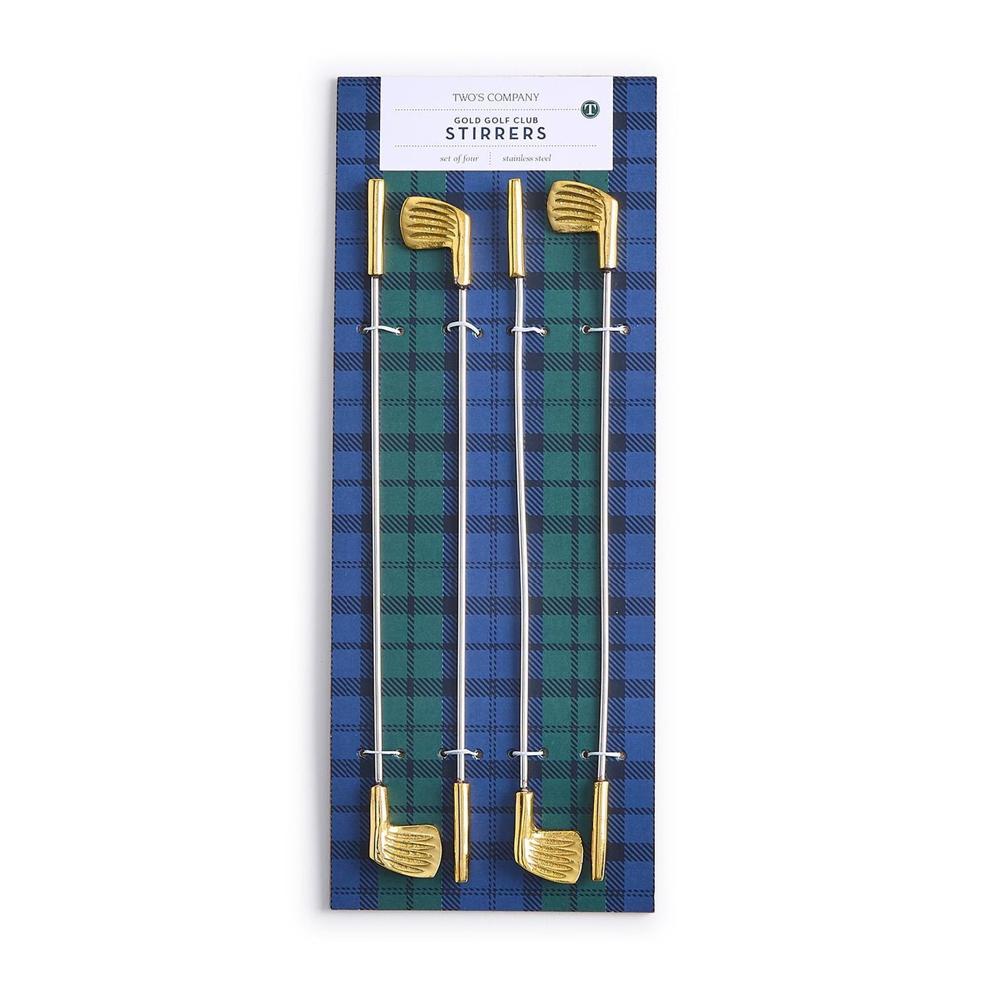 Golf club-shaped stirrers on a plaid patterned card