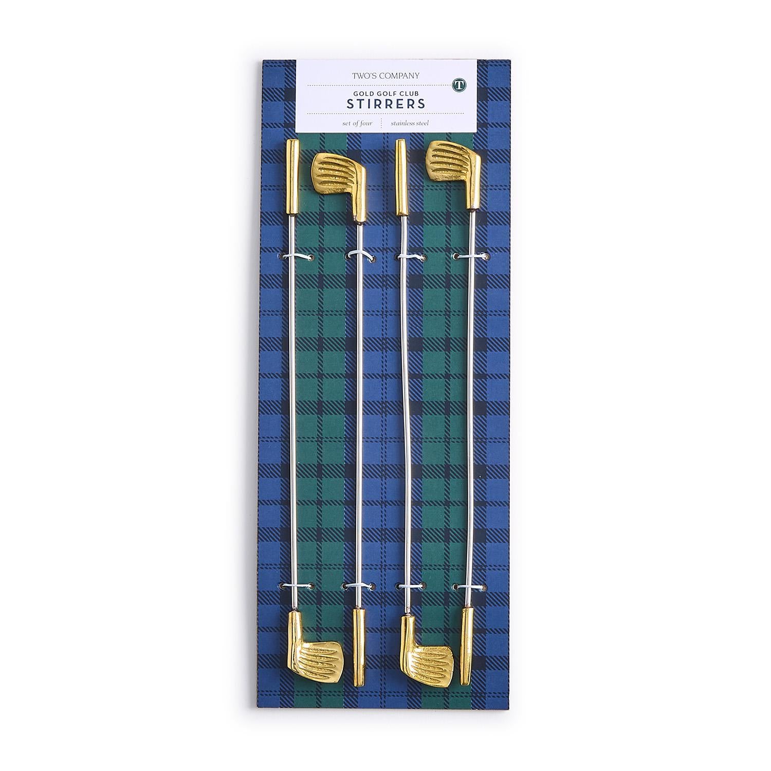 Golf club-shaped stirrers on a plaid patterned card