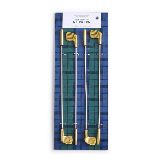 Golf club-shaped stirrers on a plaid patterned card