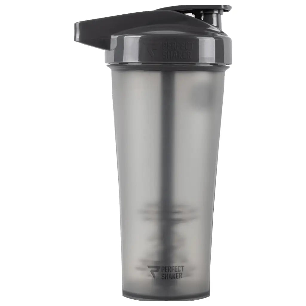 Gray shaker bottle with black cap on a white background