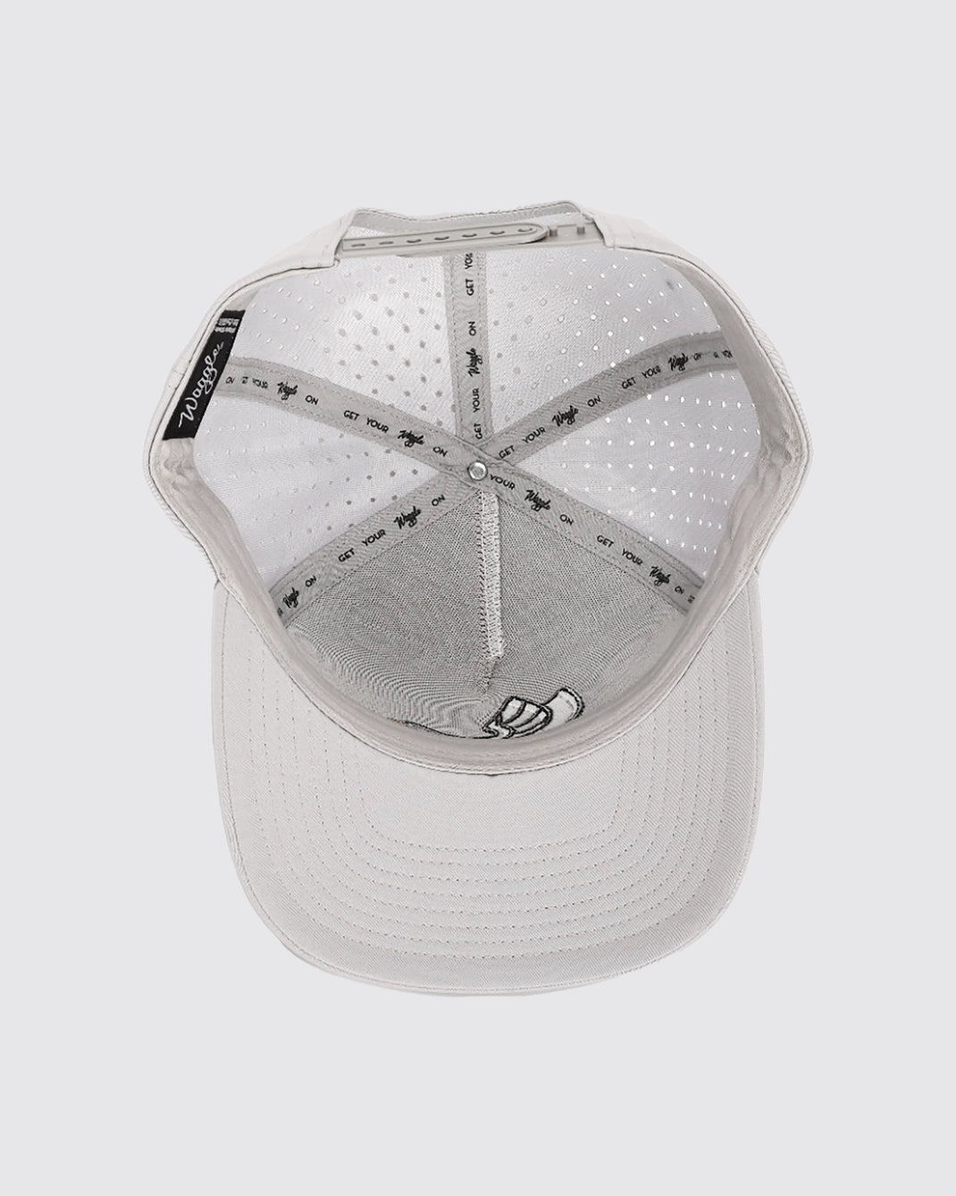 Gray baseball cap with brand logo on a light gray background