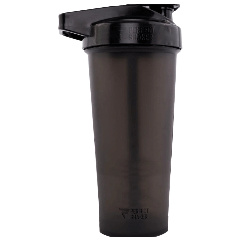 Black shaker bottle with 'Perfect Shaker' branding on a white background